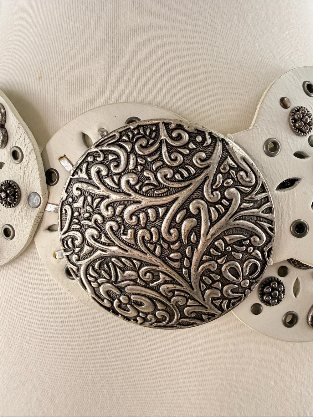 Vintage White Leather Wide Decorative Disc Belt with Silver Accents